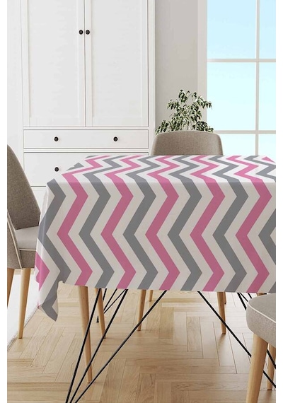 Pembe Zigzag Desenli Dokuma Leke Tutmaz Masa Örtüsü Mso304n11