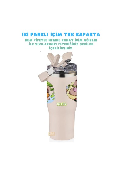 Diller 950ml Sevimli Kapibara Tumbler Pipetli/pipetsiz Kullanım Kulplu Paslanmaz Çelik Capybara Termos Açık Beyaz