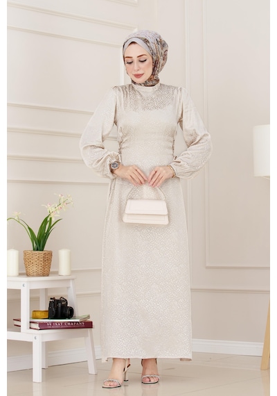 Banu Yanı Bağcıklı Saten Abiye-bej-4951