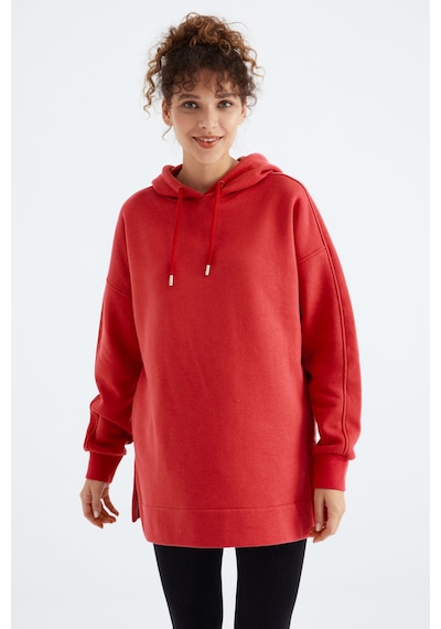 Tommy Life Fiesta Reglan Kol Basic Kapüşonlu Oversize Sweatshirt Tunik - 97242 Kırmızı