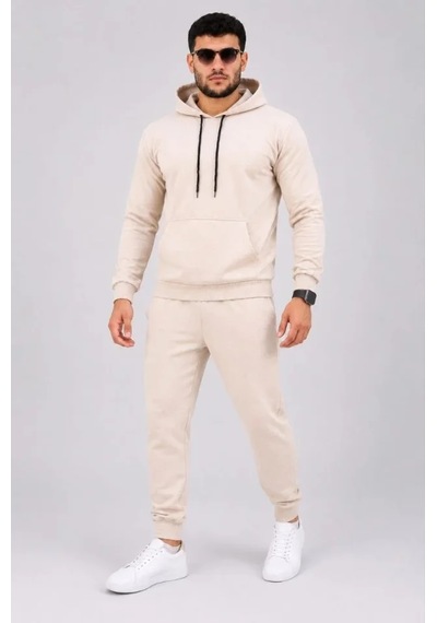 Oada Erkek İki İplik Kapüşonlu Kanguru Cepli Sweatshirt Jogger Pantolon Alt Üst Eşofman Takımı -bej