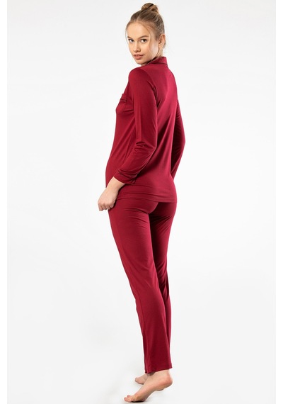 Türen 3365 Kadın Uzun Kollu Gömlek Yaka Pijama Takım-bordo Bordo