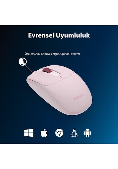 Philips Uyumlu  Spk7398p Kablosuz 1600dpı Sessiz Optik Mouse Pembe Diğer