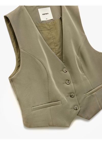 Koton Modal Karışımlı Astarlı Slim Fit V Yaka Düğmeli Blazer Yelek Haki 5sak20006pw Haki