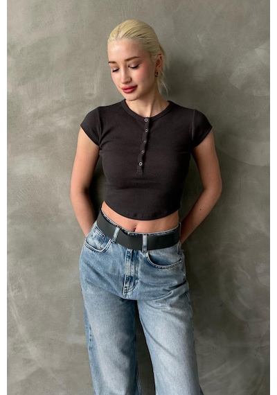 Madmext Füme Henley Çıt Kapamalı Kadın Tişört Mg2306 Füme