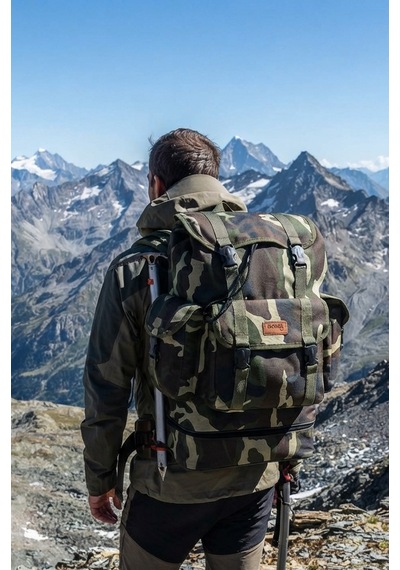 Rowan Çanta Geniş Alt Cepli Bel Bağlamalı Kamuflaj Kamp ,dağcı Ve Seyahat Sırt Çantası Ebat 55 32 20 Cm Haki - Kamuflaj