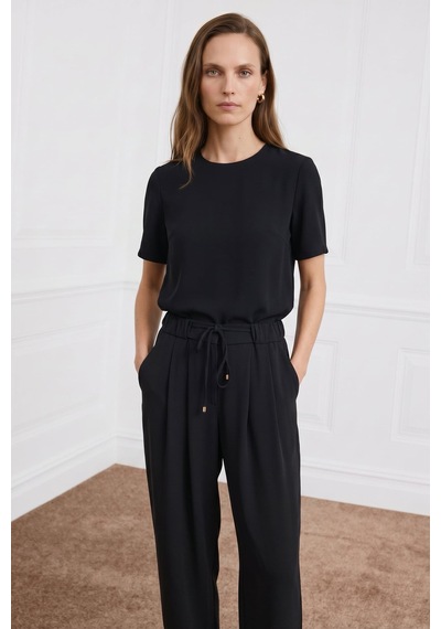 Sateen Kısa Kollu Bluz - Siyah-137405