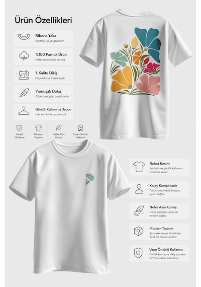 Spoyi Pastel Flora Tasarımlı %100 Pamuk Yarım Oversize Beyaz T-shirt