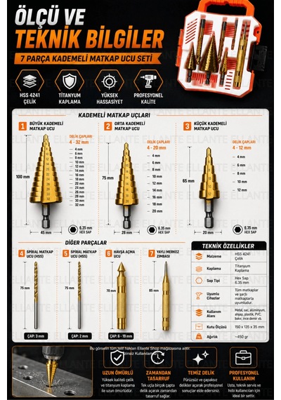 7 Parça Kademeli Matkap Ucu Seti Titanyum Kaplama Hss Sac Metal Ahşap Plastik Delici Uç Seti