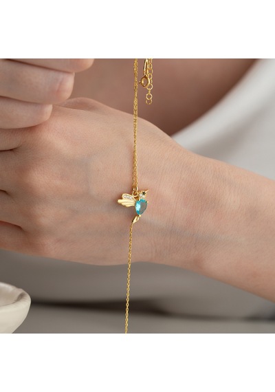 Vaoov 925 Ayar Gümüş Mavi Taşlı Arı Kuşu Şahmeran Bileklik Gold