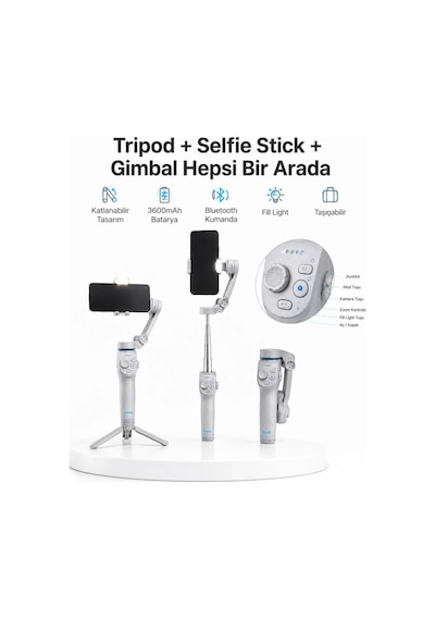 Mey İthalat 3 Eksen Telefon Gimbal Stabilizer Yapay Zeka Takipli Katlanabilir Dahili Dolgu Işıklı V