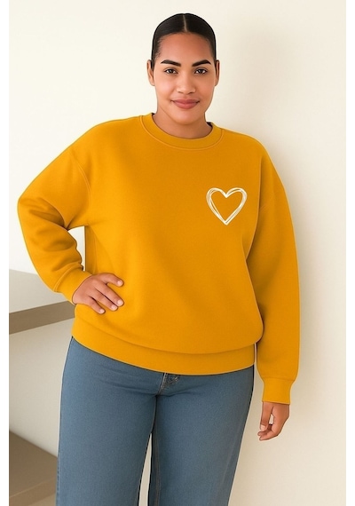 Benroma Kalp Baskılı Büyük Beden Unisex Sweatshırt Sarı