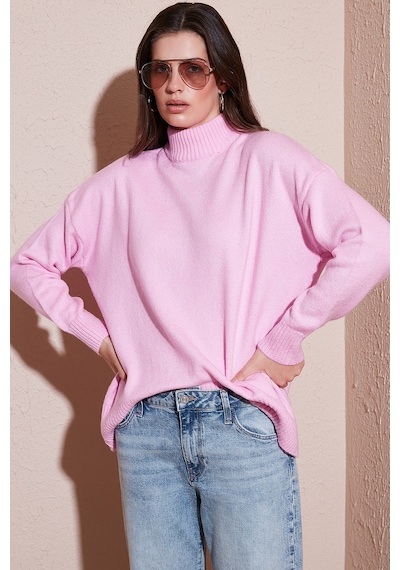 Lela Premium Oversize Fit Balıkçı Yaka Yumuşak Dokulu Triko Bayan Kazak 680Kz00469 Şeker Pembe