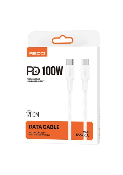 Recci Rs56cc Type-c To Type-c Pd Hızlı Şarj Özellikli Data Ve Şarj Kablosu 100w 1.2m Beyaz