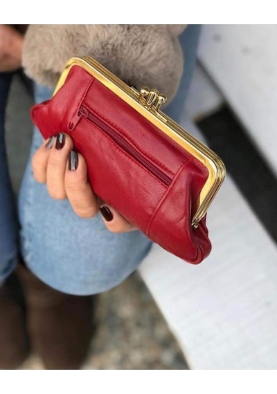 Hakiki Deri Kırmızı Klipsli Kadın Cüzdanı 00564521 Kırmızı