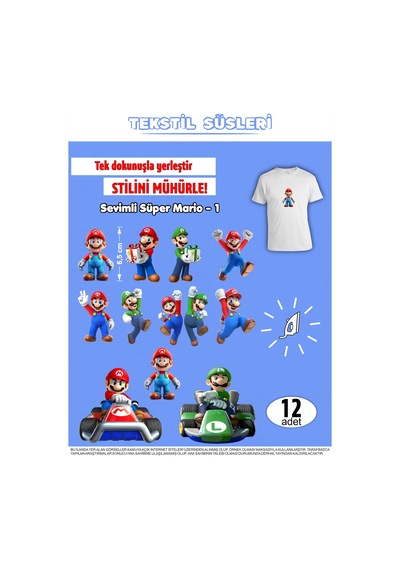 Ütü İle Yapışan Kıyafet Etiketi Süper Mario Serisi-1 12li Set Karışık