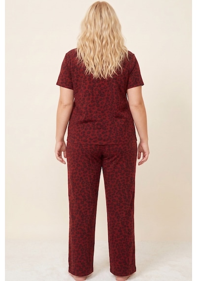 Siyah İnci Büyük Beden Battal Boy Düğmeli Örme Pijama Takım 8016 Bordo Leopar