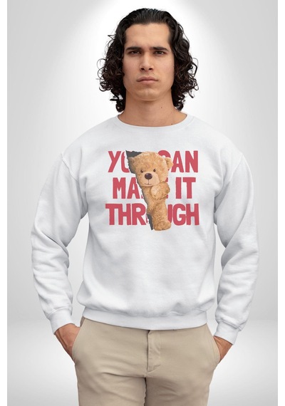 Bunu Alabilirsin Çantadan Çıkan Ayı Unisex Beyaz Baskılı Sweatshirt Beyaz
