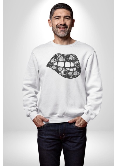 Ay Yıldız Dudak Bulut Dövme Unisex Beyaz Baskılı Sweatshirt Beyaz
