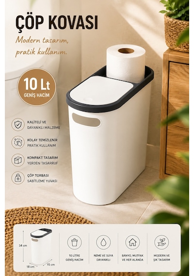 Porsima M-325 Çöp Kutusu Banyo Mutfak Çöp Kovası Kapaklı Banyo Çöp Kovası 10lt Beyaz