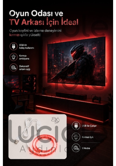 1 Metre 5v Usb Kırmızı Şerit Led Aç Kapa Anahtarlı Tv Masa Araç Dekoratif Led Işık