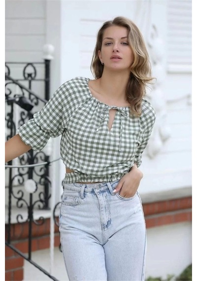 Lodmela Bağlama Detaylı Crop Bluz 1736yeşil