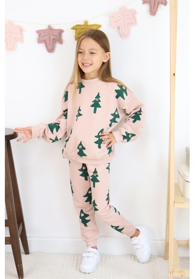Yeni Sezon 3 İplik Mini Figür Çam Ağacı Desen Mini Figürlü Sweatshirt Eşofman Alt Üst Takım 2 Parça Taş