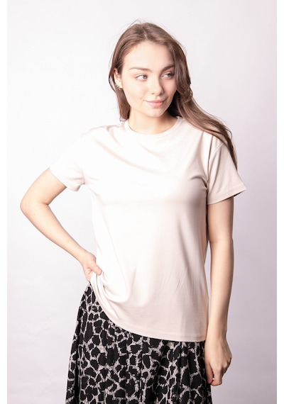 Kadın Sıfır Yaka Kırışmaz Span Karışımlı Şık Kısa Kol Likralı T-shirt Bluz-bej Bej