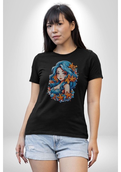 Deniz Kızı Deniz Yıldızı Mavi Saçlı Unisex Unisex Siyah Organik Baskılı T-shirt Penye Yüksek Kalite Siyah