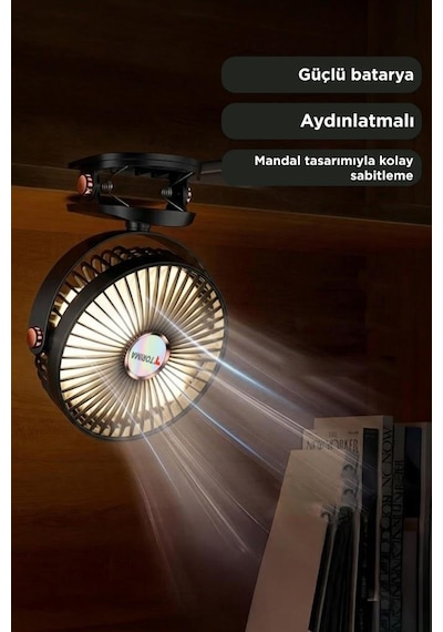 Şarjlı Masaüstü Vantilatör Mandallı Klipsli 800 Mah Işıklı Taşınabilir Masa Fanı F61 Siyah