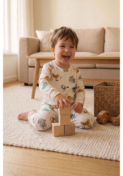Zuzunga Erkek Çocuk %100 Pamuk Süprem Kumaş Uzun Kollu Mevsimlik Pijama Takımı BEYAZ
