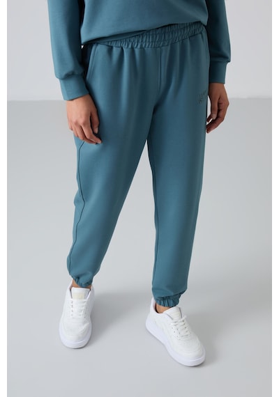 Tommy Life Orman Yeşili Basic Pamuklu O Yaka Oversize Lastik Paça Kadın Eşofman Takım - 95287 Yeşil
