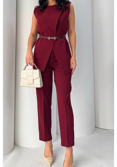 Neşeli Butik Kadın Bordo Kemer Detaylı Yelek Pantolon İkili Takım Nbstr4061
