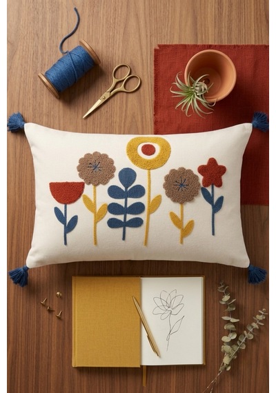 Çiçek Bahçesi Renkli Botanik Punch Nakışlı Püsküllü Pamuk Kırlent Kılıfı 35x55 Cm Mavi