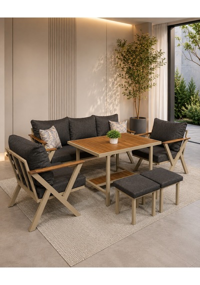 Nitra Metal Bahçe Balkon Teras Koltuk Takımı 3+1+1+masa+2 Adet Puf