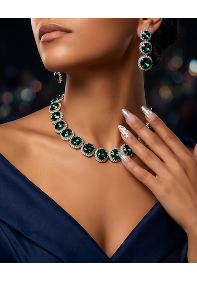 Riviere Kristal Taşlı Çiçek Model Yeşil Renkli Kolye Küpe Set