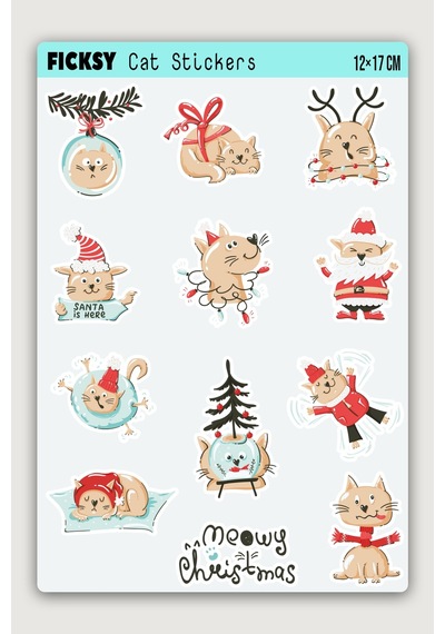 Sevimli Yavru Kedi Yılbaşı Yeni Yıl Temalı Sticker Seti - 11 Adet Etiket Çıkartma Diğer