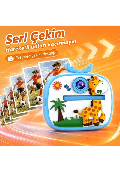 Çocuk Kamerası Zürafa Tasarımlı Anında Baskı Özellikli Dijital Fotoğraf Makinesi, 2,4 İnç Ips Ekranlı 1080p Video Kayıtlı Kamera, Cmr90 Mor