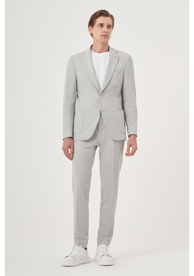 Morven Erkek Gri Poliviskon Trend Çizgili Slim Fit Mono Yaka Takım Elbise 26ms001002100 Gri