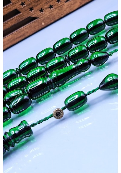 8 x 12 MM Yeşil Zar Kehribar Tesbih - Enes Abdo Usta İmzalı Tespih