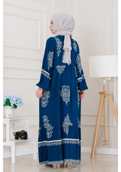 Sevitli Yarım Düğmeli Robalı Beyza Elbise-indigo-5143 İndigo