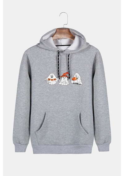 Unisex Gri Kapüşonlu Cadılar Bayramı Boo Baskılı Slim Fit Kanguru Cepli Sweatshirt Gri