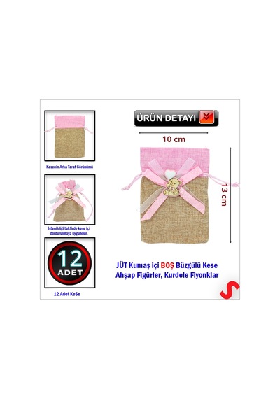 Bebek Temalı Jüt Kese 10cm X 13cm - Pembe X 12 Adet Çok Renkli
