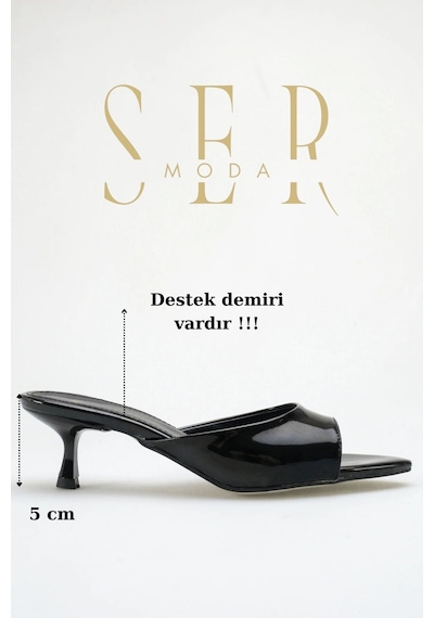 Sermoda Topuklu Kadın Terlik - 5 Cm İnce Topuklu Sivri Burun Kadın Terlik Rugan Siyah