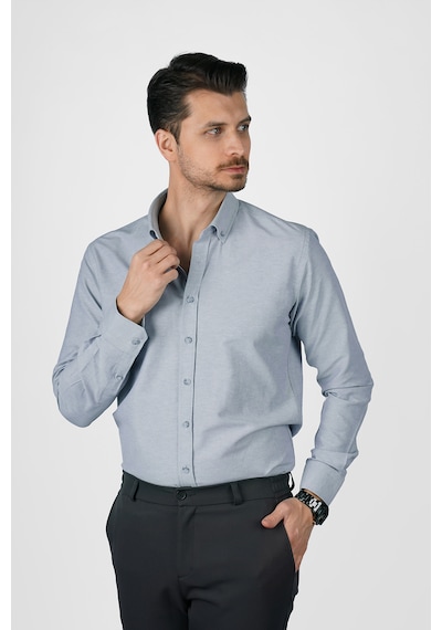 Gri Yaka Düğmeli Premium Şamre Slimfit Erkek Gömlek Gri