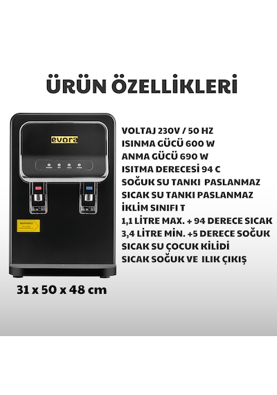 Tezgah Üstü Sıcak Soğuk Arıtmalı Su Sebili Siyah Premium