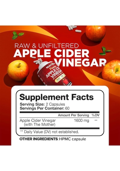 Nutrivein Premium Apple Cider Vinegar Digestion, Keto, Cleansing, And Balanced 1600 Mg - 120 Caps