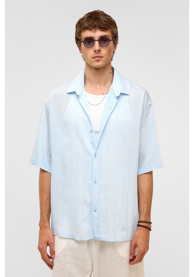 Vamos Oversize Çizgili Kısa Kollu Modal Kumaş Gömlek Bebe Mavi