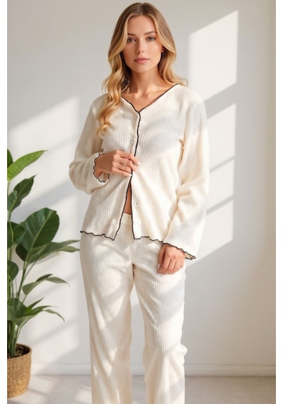 Bella Notte V Yaka Pamuklu Düğmeli Uzun Pijama Takımı Bej