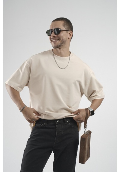 King Brich Oversize Kalıp Basic %100 Pamuklu Erkek Tişört Bej